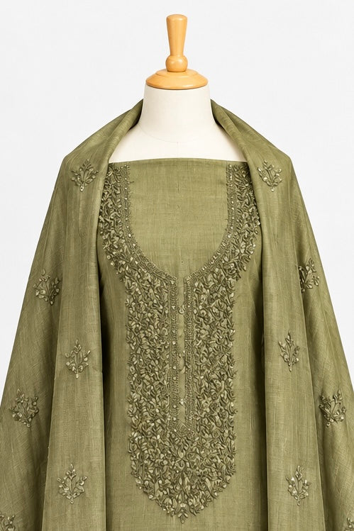 Olive Green Embroidered  3-Piece Kurthi Set