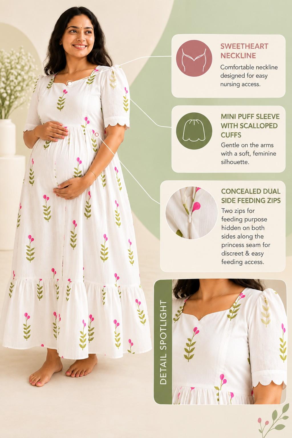 Rose Bloom floral nursing maxi dress for new moms
