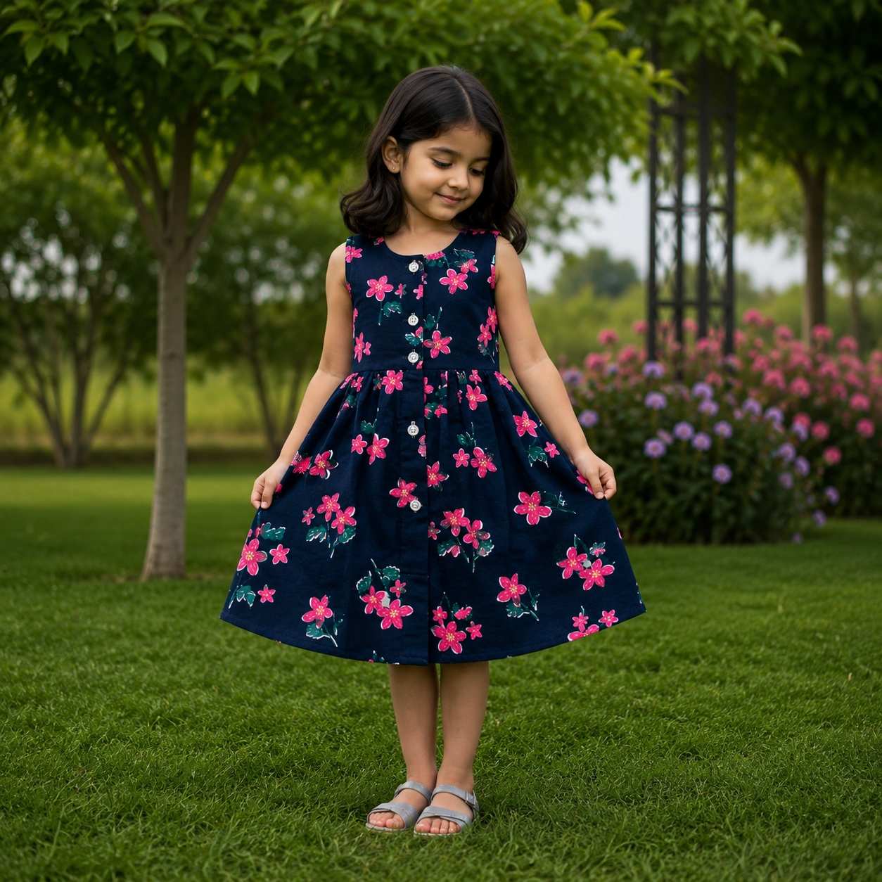 Sleeveless Frock- Navy Flower