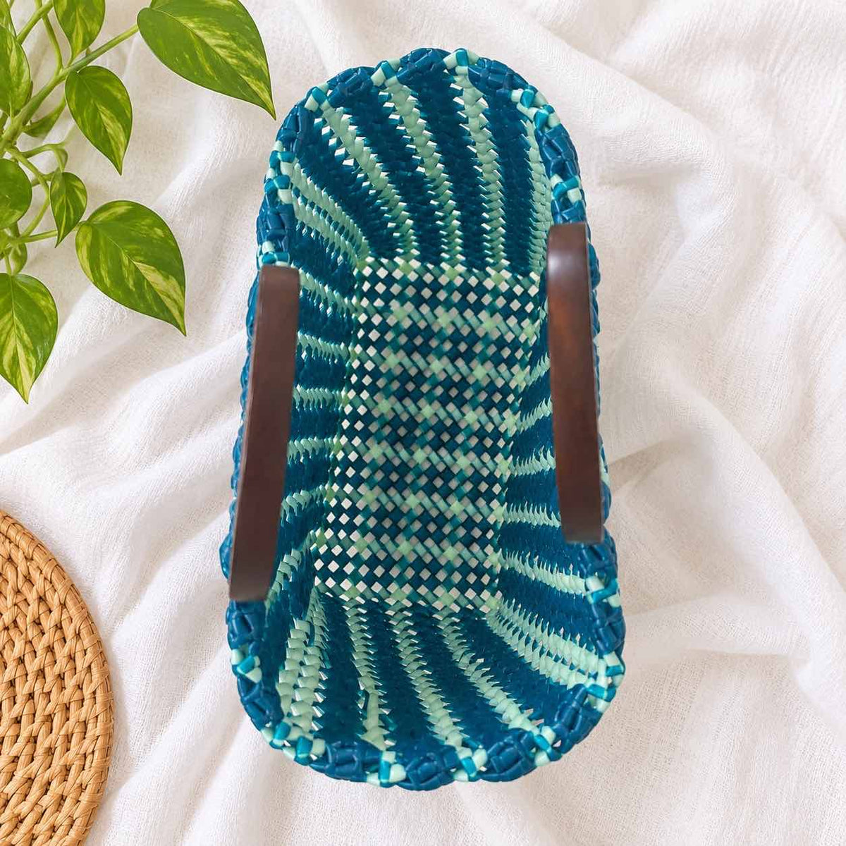 Blue woven tote bag