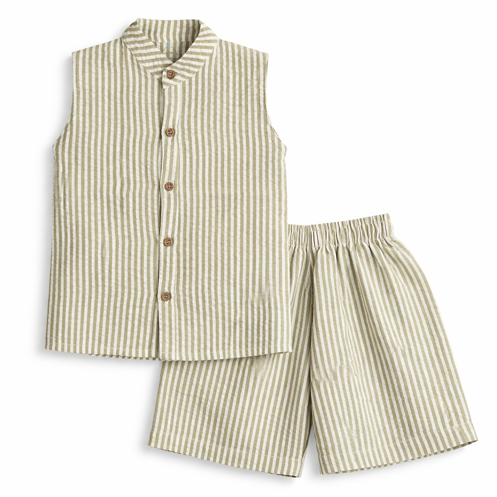 Sleeveless Co-ord Set-Olive Stripe-Seersucker cotton