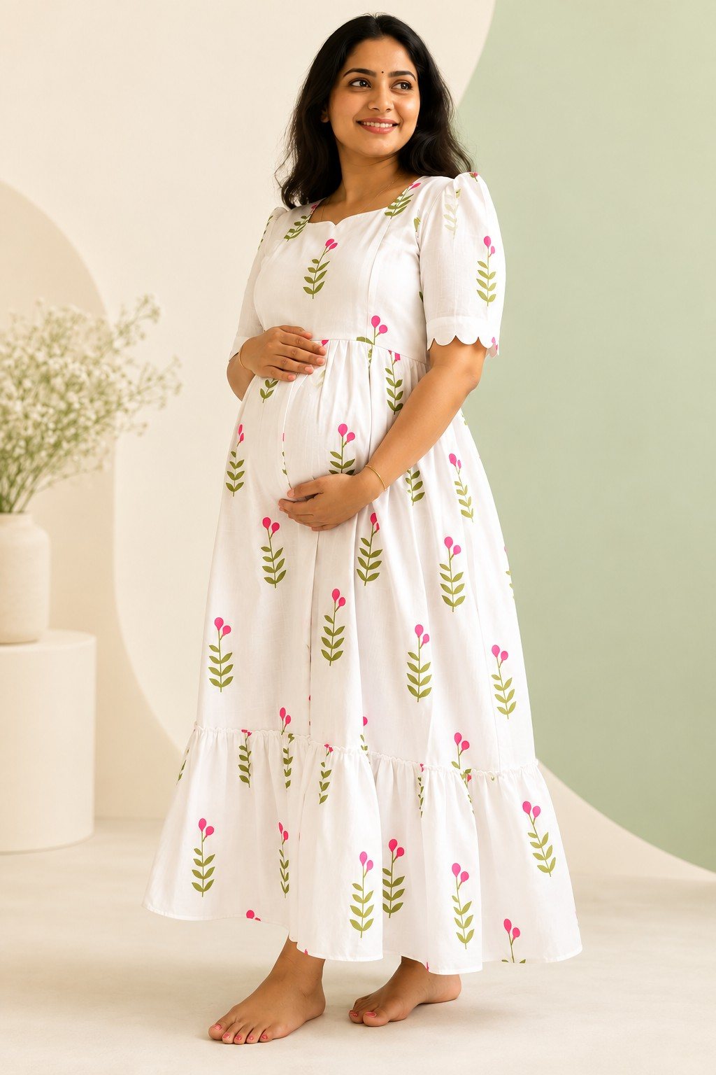 Floral maternity feeding dress with nursing access