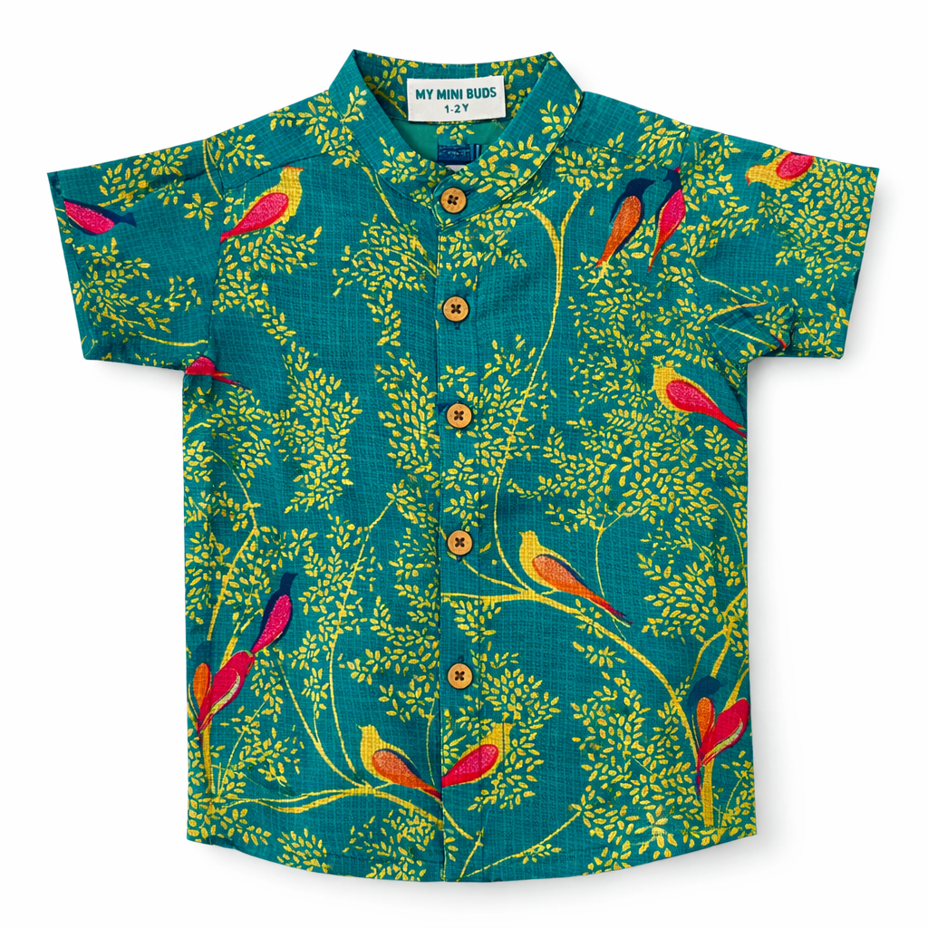 Kota Cotton Kids Ethnic Shirt –Emerald Vana -Festive Wear