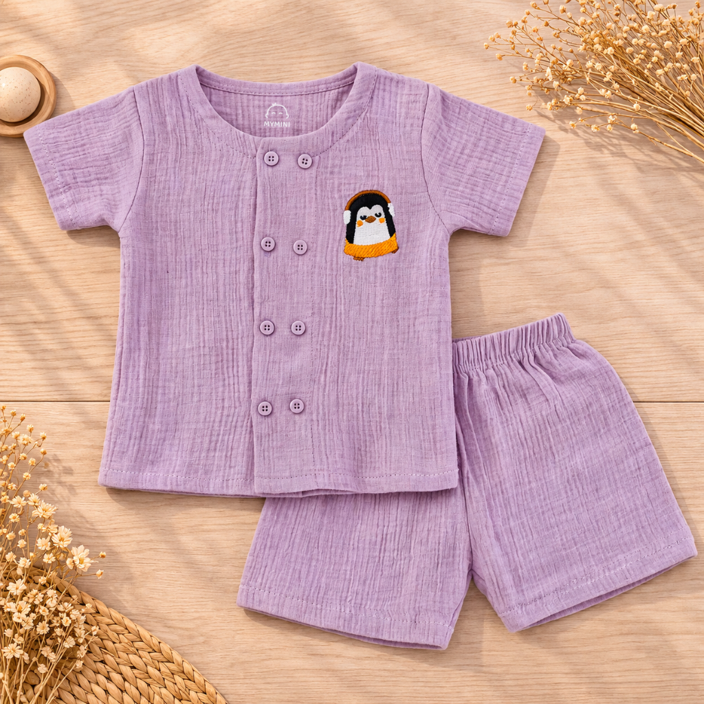 Muslin coords set-Crinkle- Lilac Penguins
