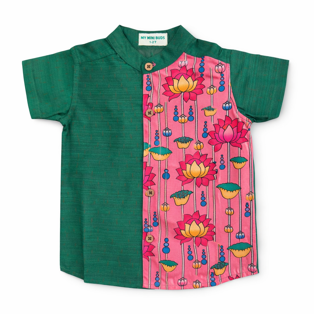 Kids Ethnic Shirt - Green&Pink Lotus