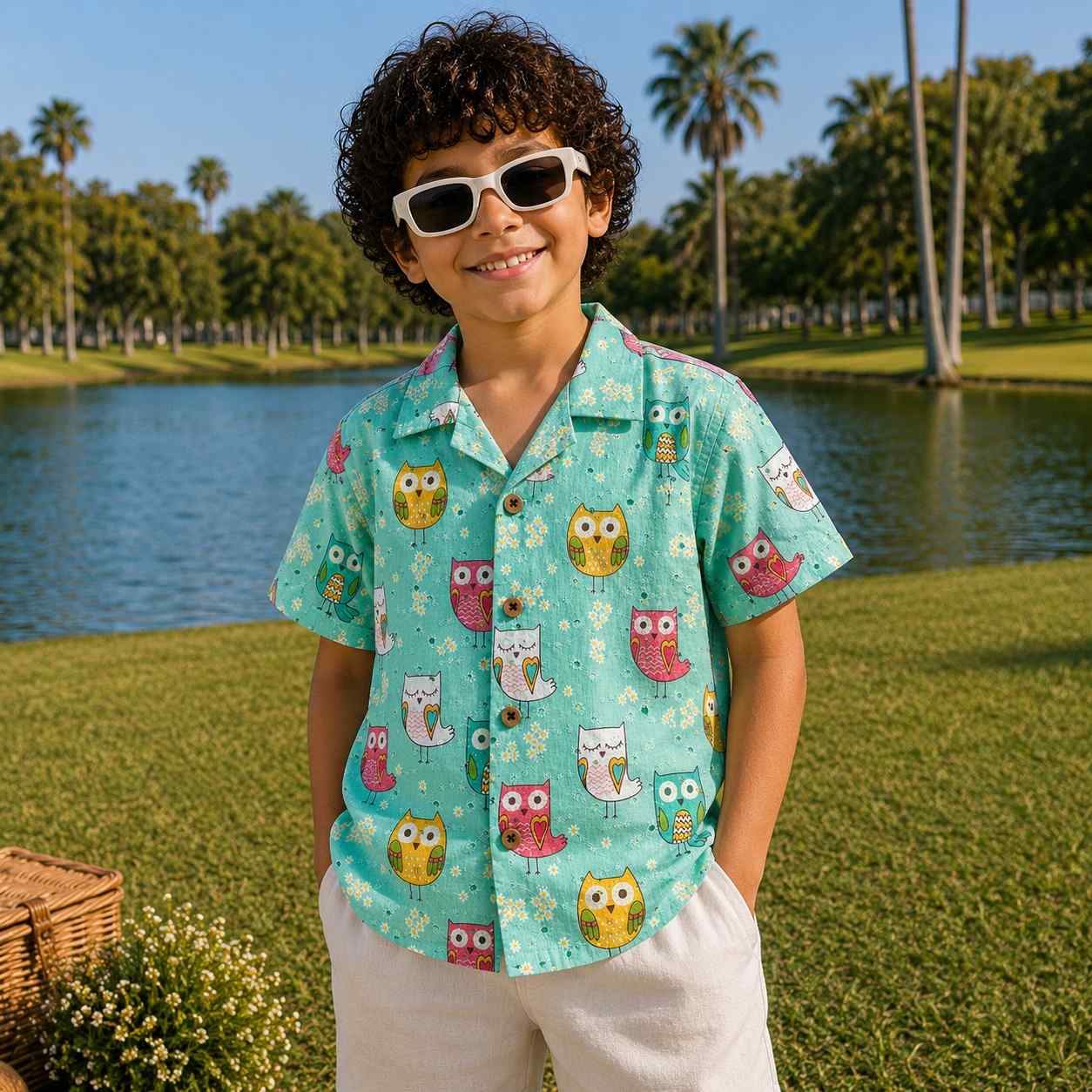 Hakoba sleeve shirt- Green Owl