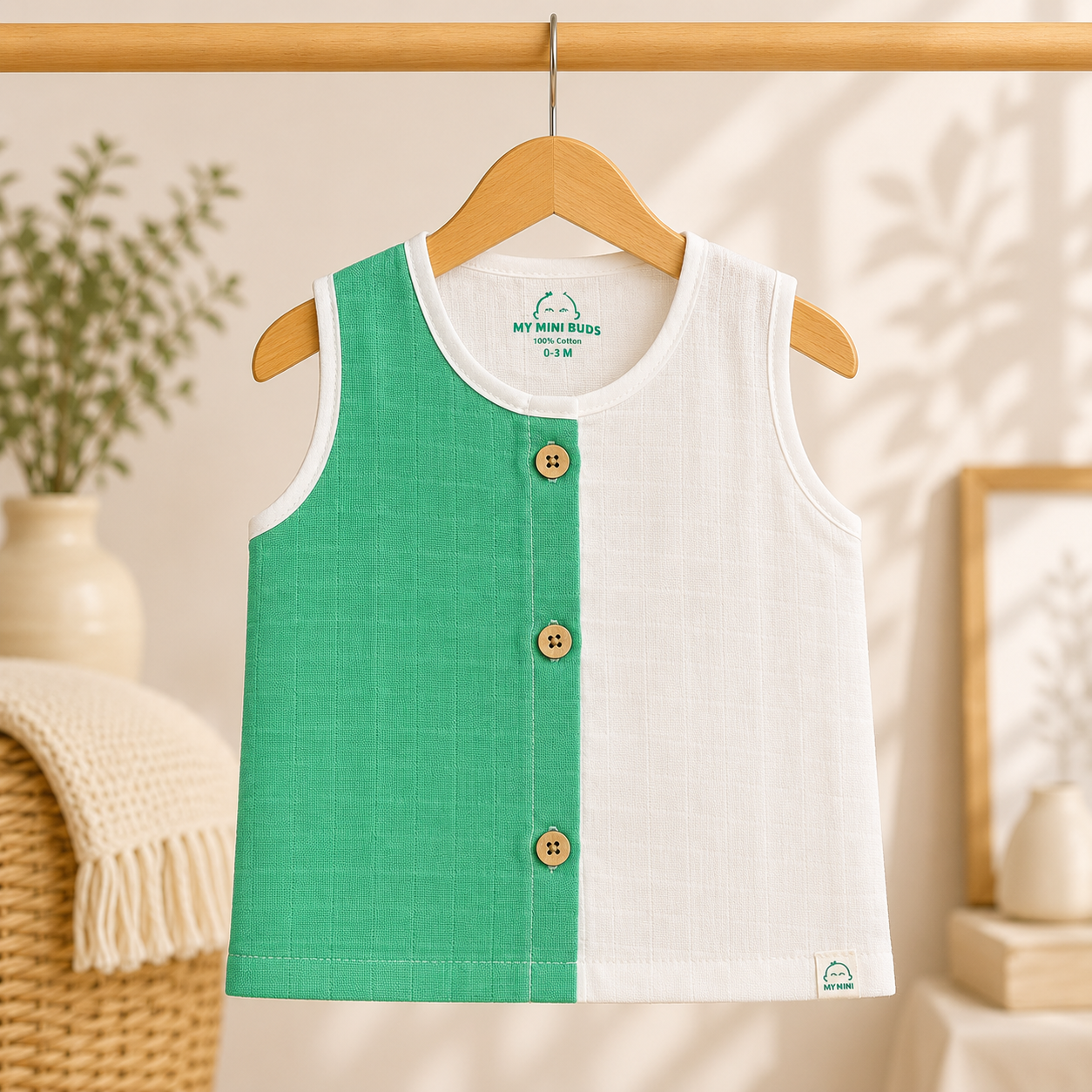 Muslin Button Jabla- Green Pannel