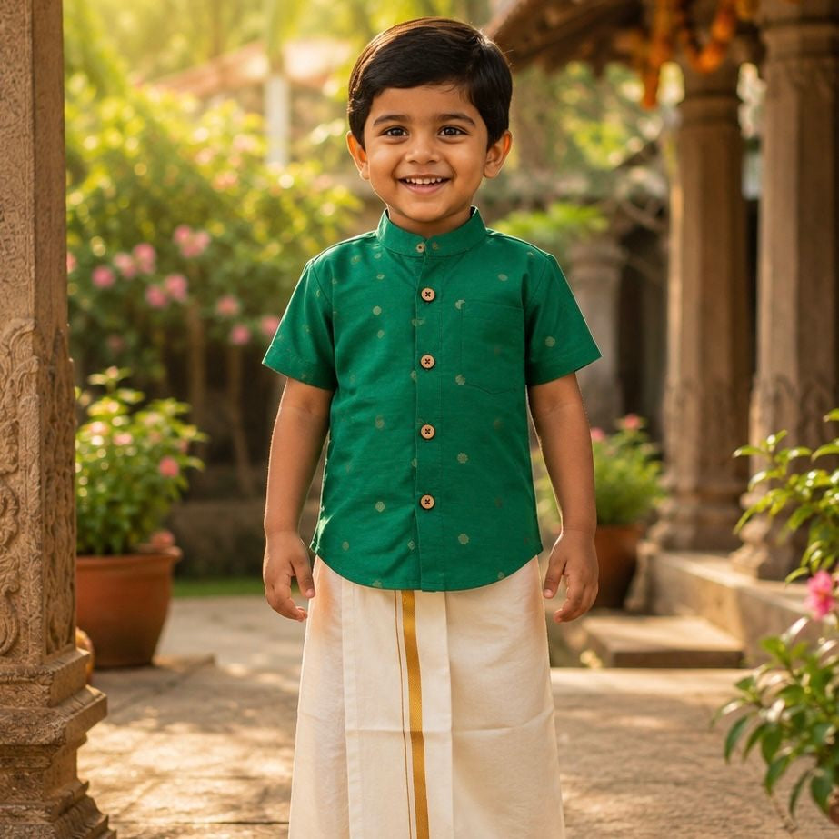 Kids Ethnic Shirt - Green with Buttas
