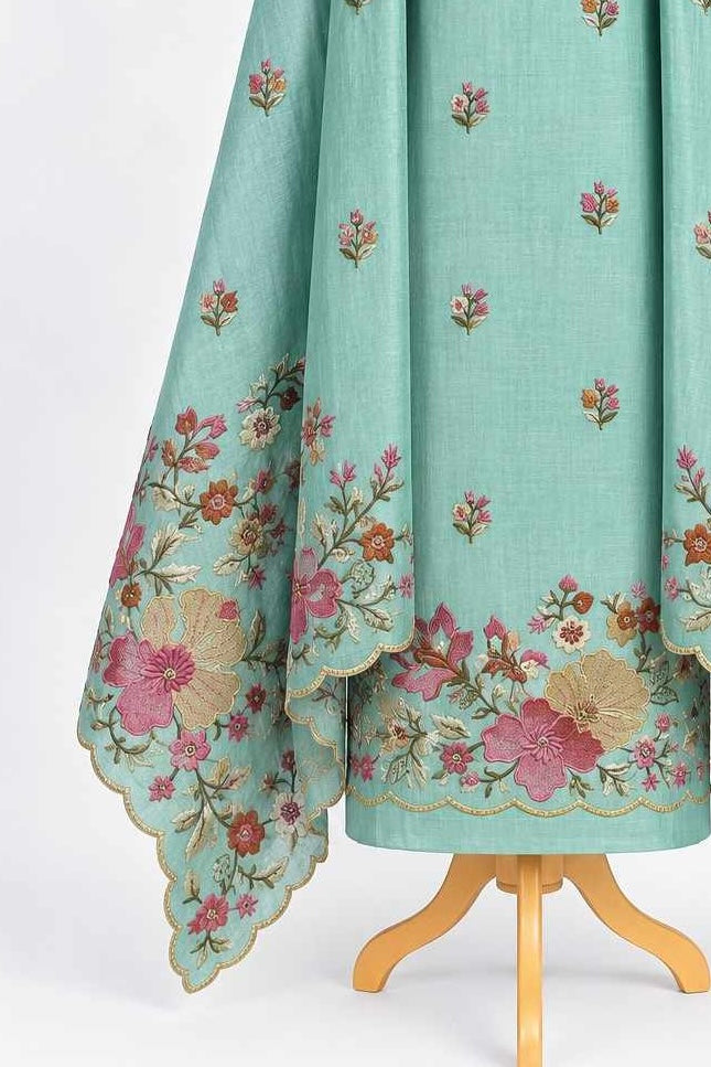 Aqua Blue Floral Embroidered 3-Piece Kurthi Set