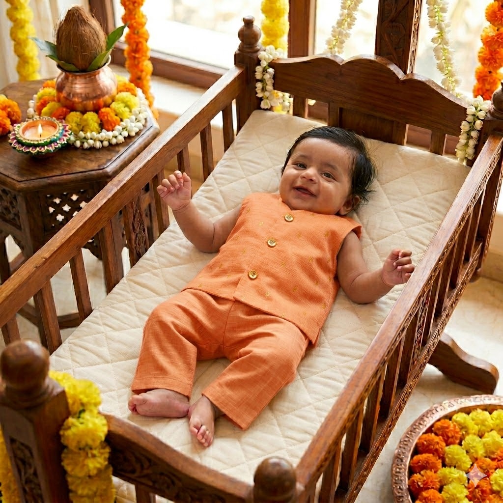 Newborn Ethnic set-Orange Golden Buttas Ponn Ceremony Set
