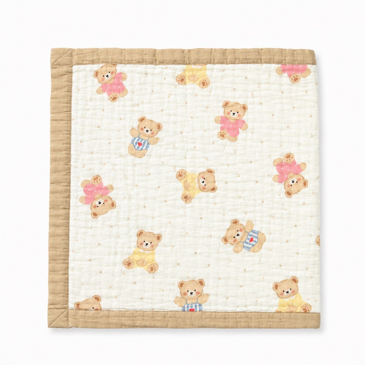 A square quilted baby blanket featuring a cream-colored center printed with cute teddy bears in yellow and pink, finished with a natural beige quilted border.
