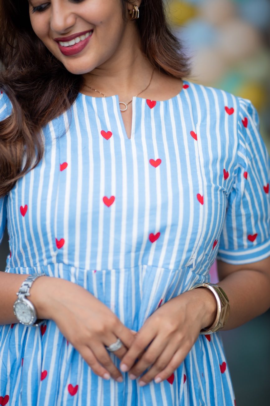 Blue striped heart print maternity dress