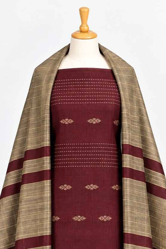 Maroon Raw Silk 3-Piece Kurthi Set
