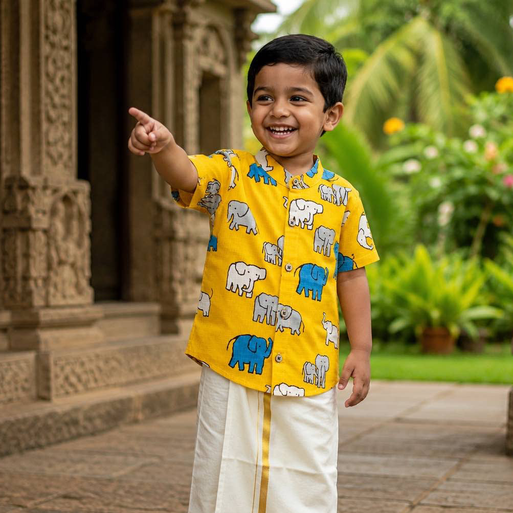 Kota Cotton Kids Ethnic Shirt – Yellow Elephant