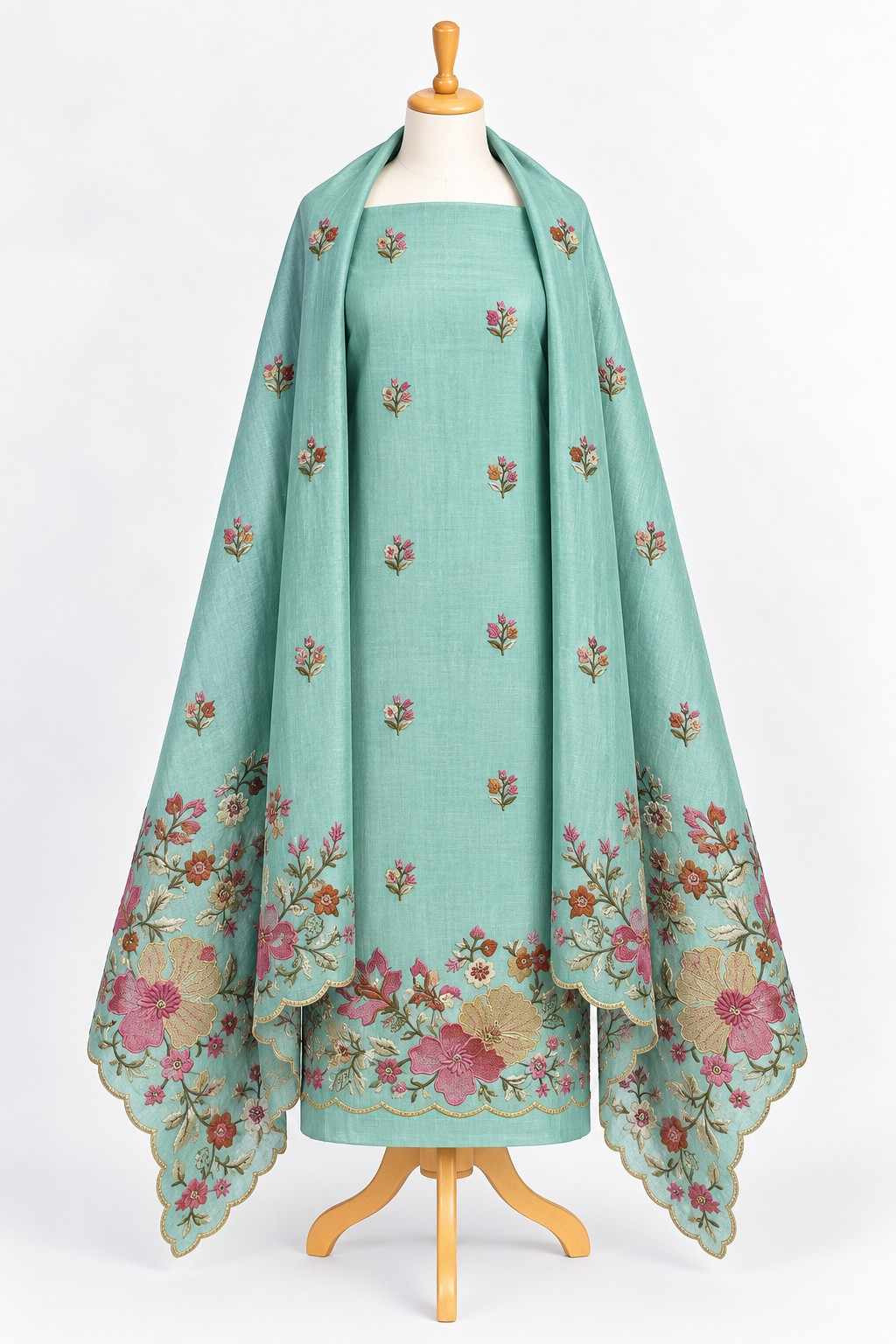 Aqua Blue Floral Embroidered 3-Piece Kurthi Set