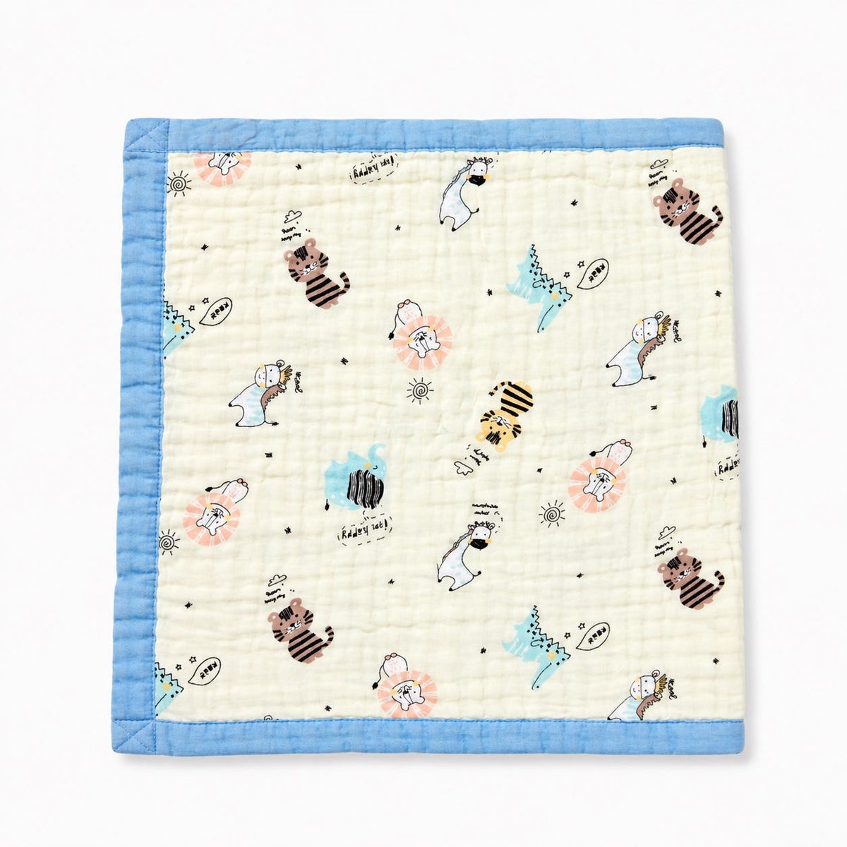 A square quilted baby blanket with a light blue border and a cream center printed with cute cartoon animals, stars, and small text, shown flat against a white background.