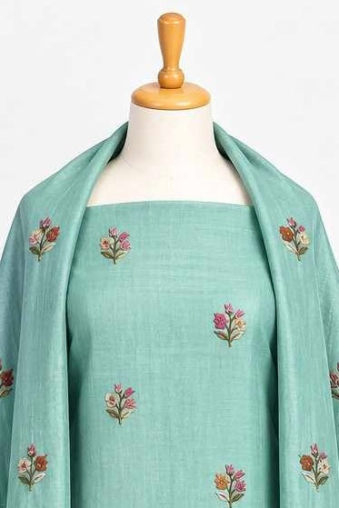 Aqua Blue Floral Embroidered 3-Piece Kurthi Set