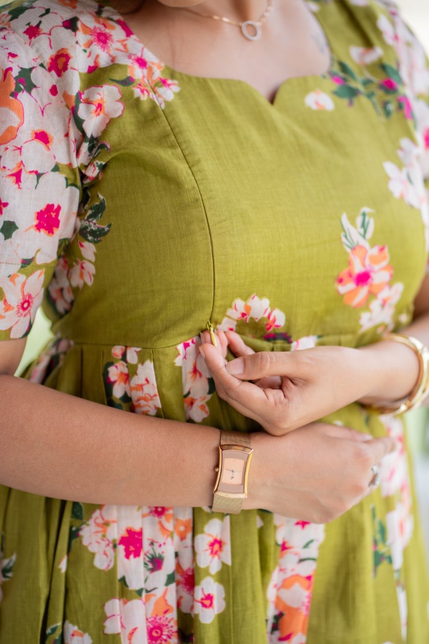 Olive green floral pregnancy dress for women