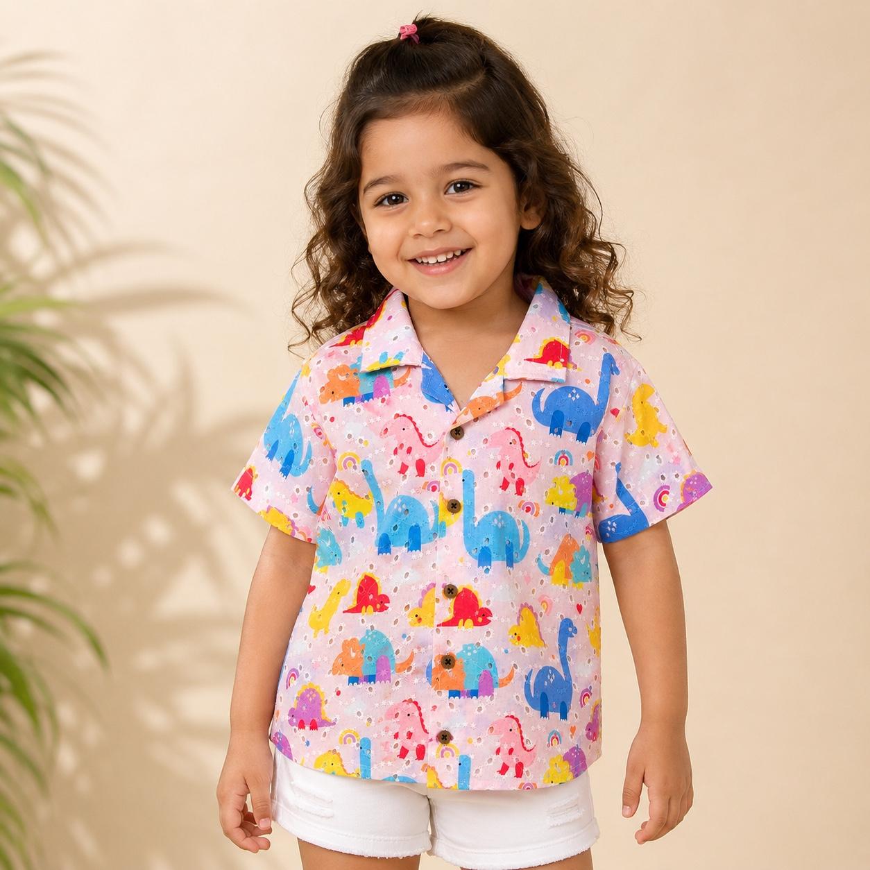 Hakoba sleeve shirt- Pink Dino