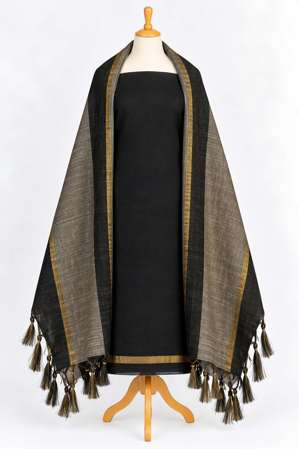 Black Raw Silk 3-Piece Kurthi Set