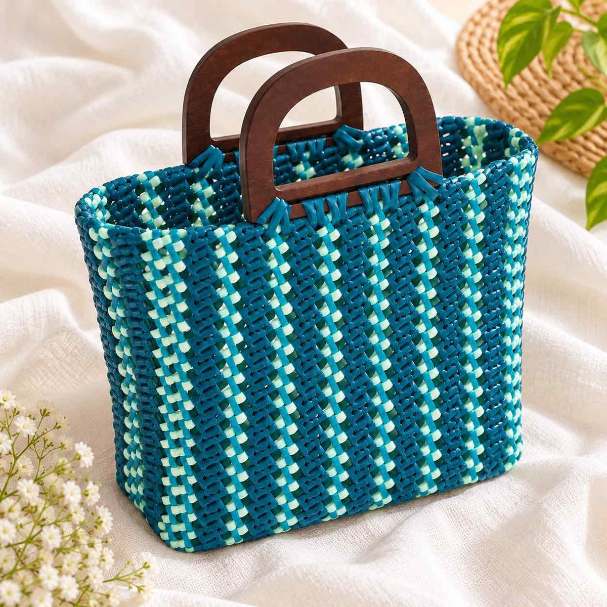 Blue woven tote bag