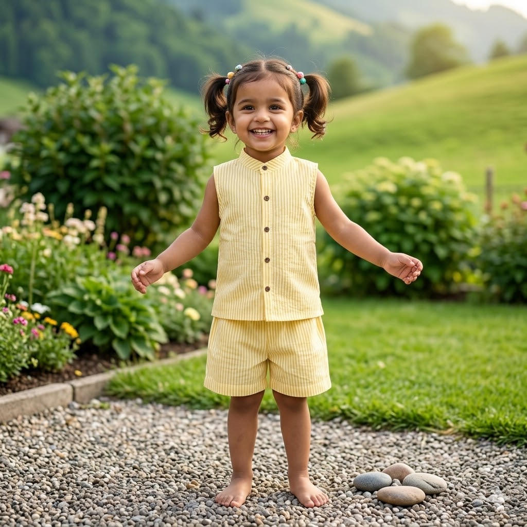 Sleeveless Co-ord Set- New Yellow Stripe-Seersucker cotton