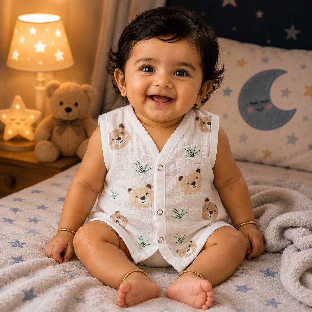 Muslin Snap Button Jabla- Beige Bear