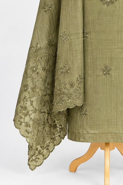 Olive Green Embroidered  3-Piece Kurthi Set
