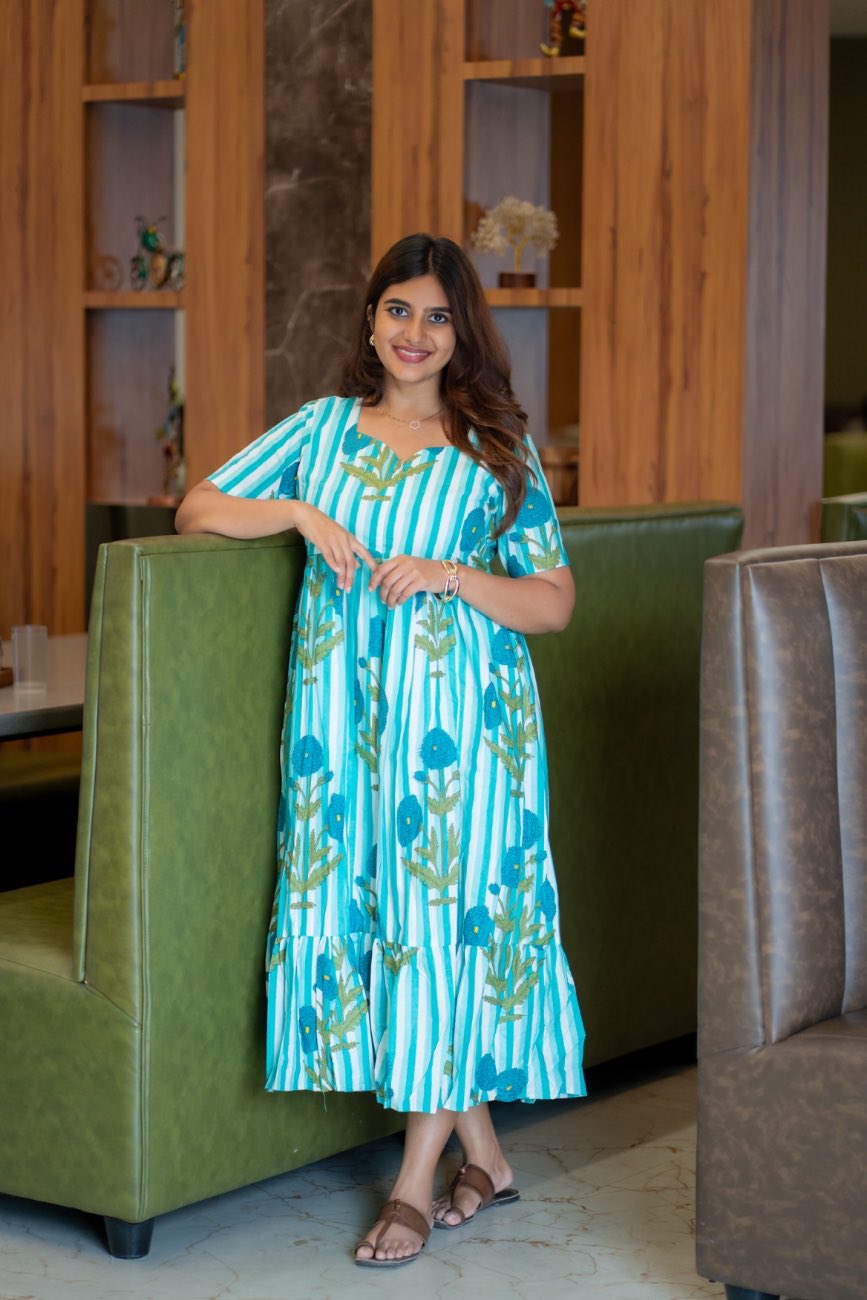 Aqua Bloom aqua blue striped floral maternity maxi dress for women