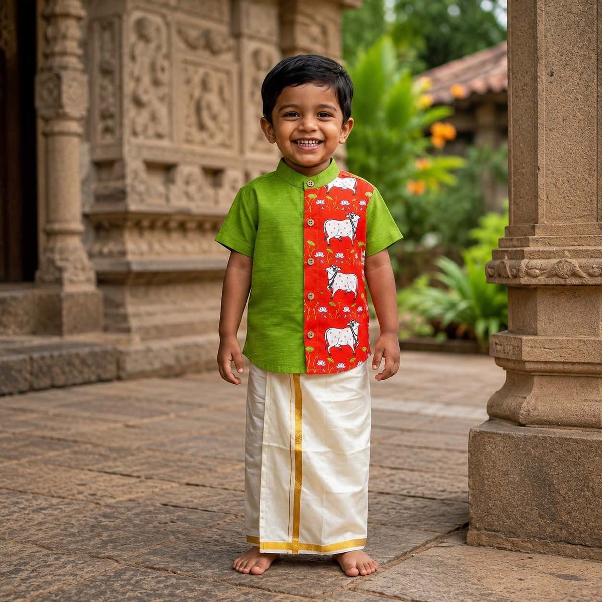 Kids Ethnic Shirt - Green Pichwai