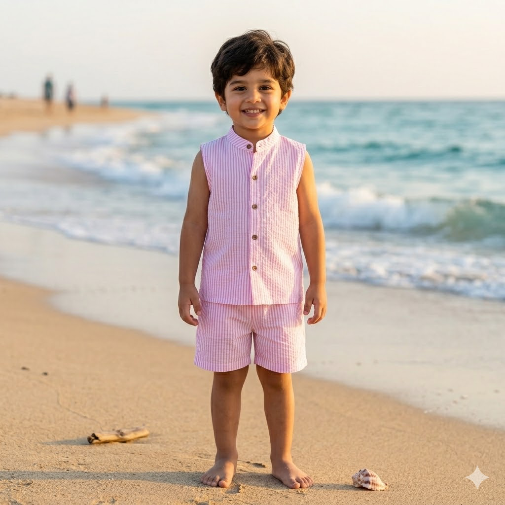 Sleeveless Co-ord Set- New Pink Stripe-Seersucker cotton