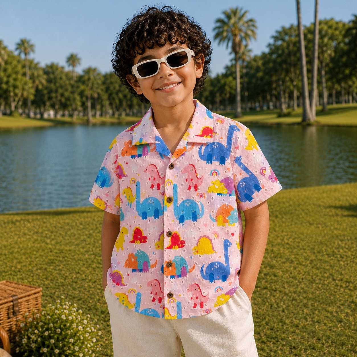 Hakoba sleeve shirt- Pink Dino