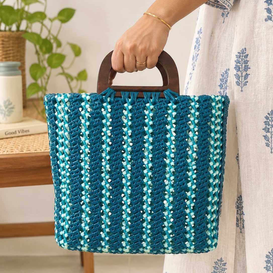 Blue woven tote bag
