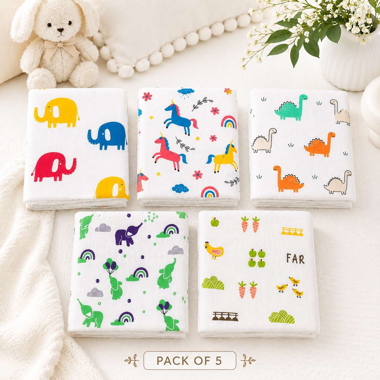 Pack of 5 (Assorted) -Muslin Towel- First Combo