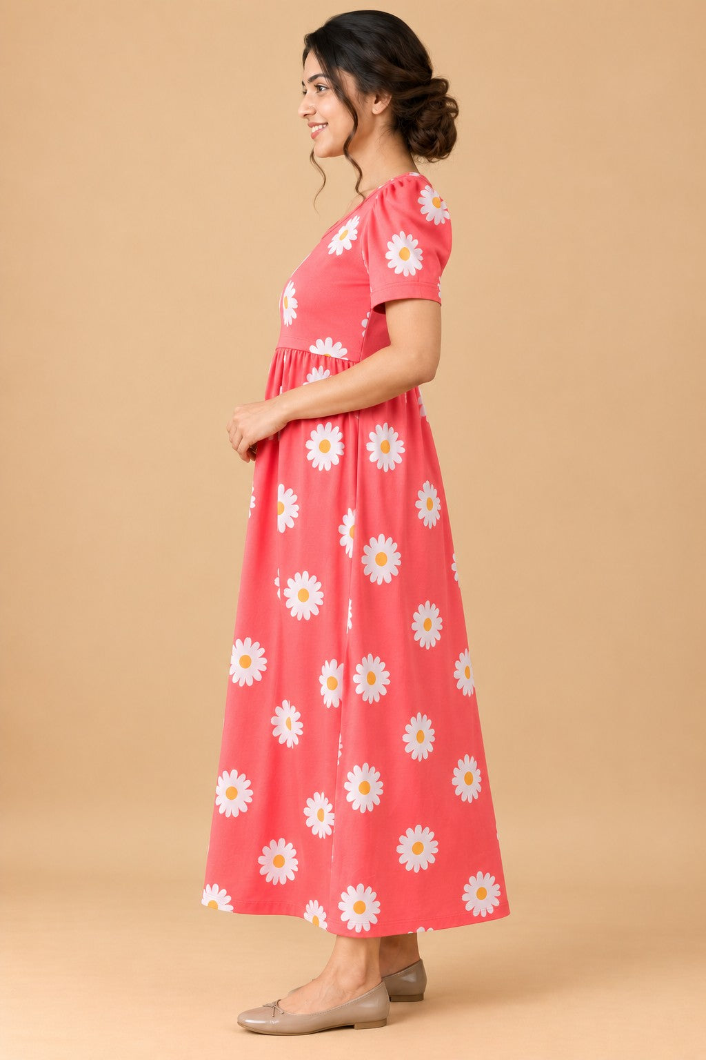 Coral Pink Daisy Maternity Zipless Maxi