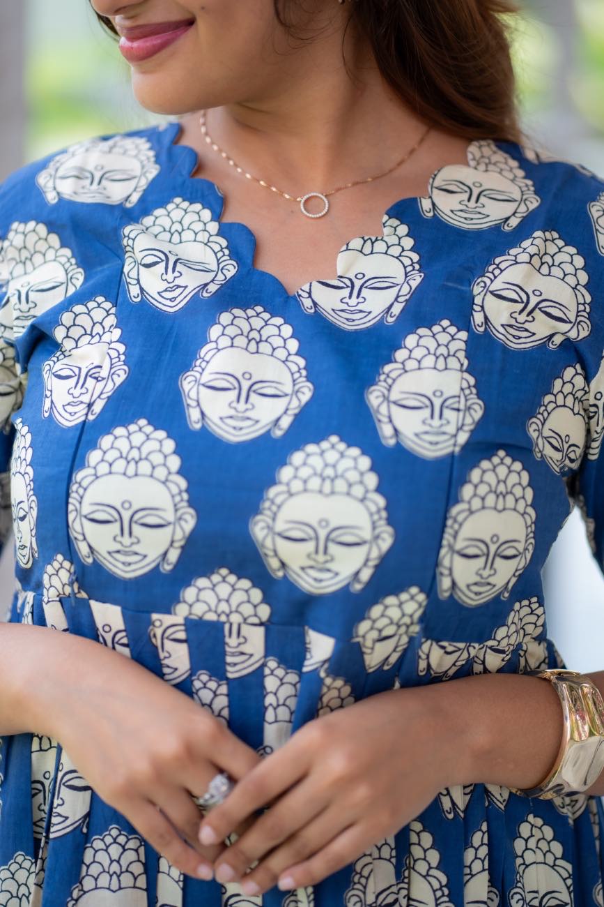 Blue Buddha print pregnancy dress for women