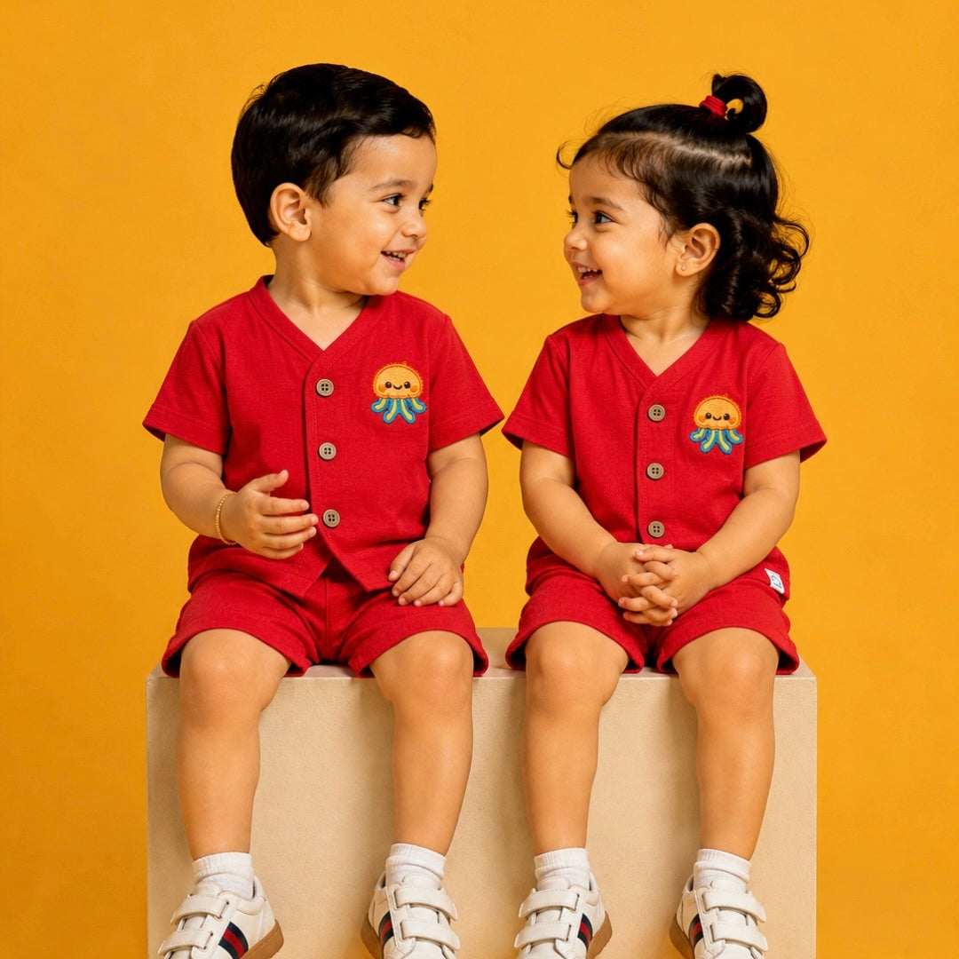 Muslin Jabla set-Crinkle- Red jellyfish