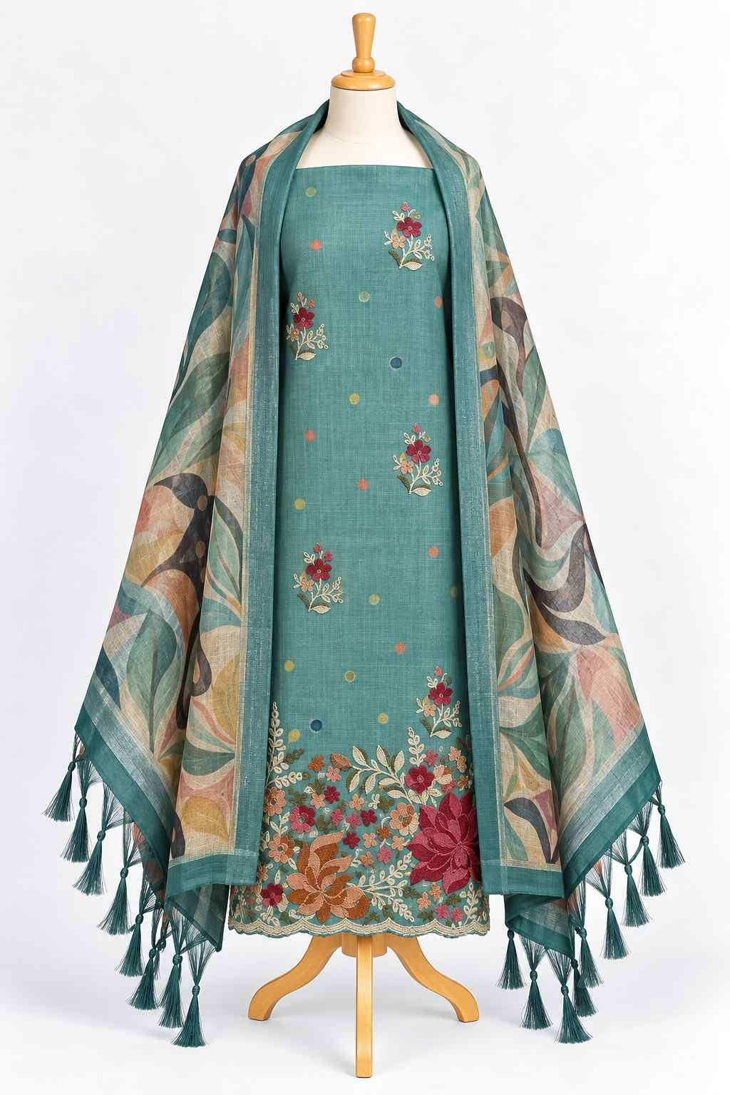 Teal Floral Embroidered 3-Piece Kurthi Set