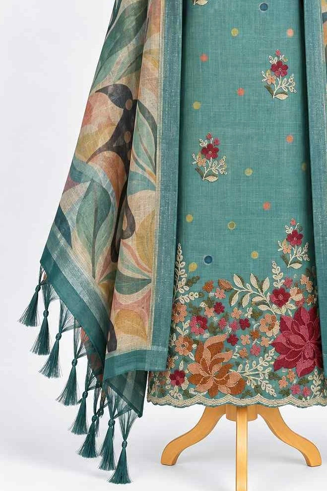 Teal Floral Embroidered 3-Piece Kurthi Set