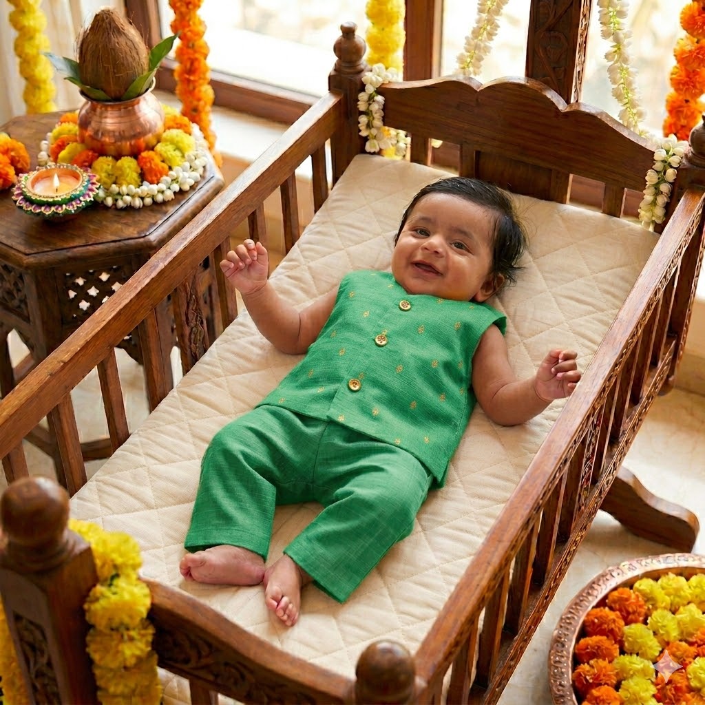 Newborn Ethnic set-Ocean Green Golden Buttas Ponn Ceremony Set