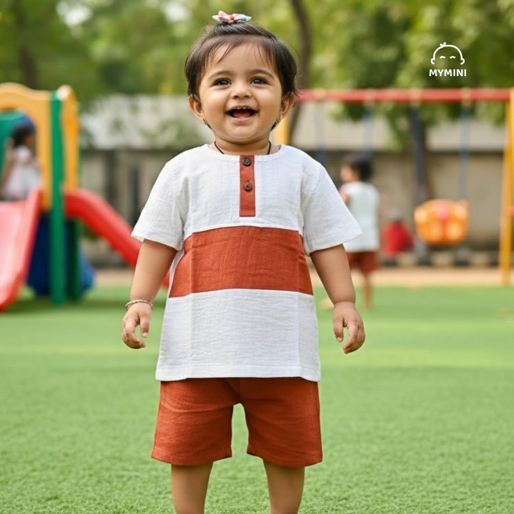 Crinkle muslin half sleeve baby clothing set in breathable organic cotton fabric