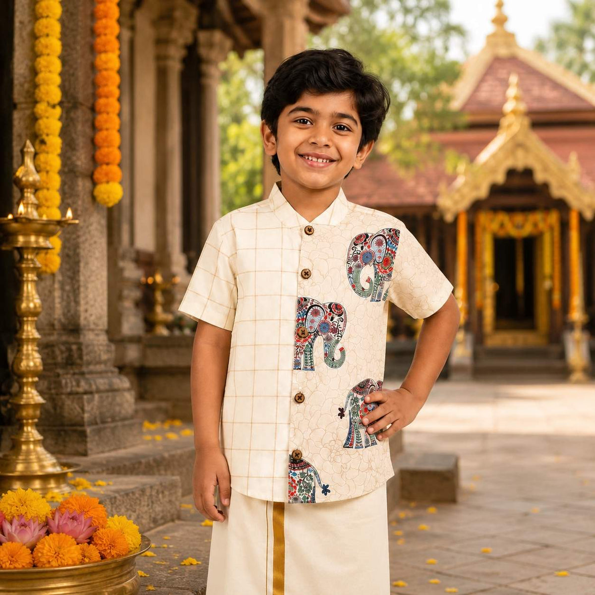 Kasavu Onam Shirt- Elephant Mandala