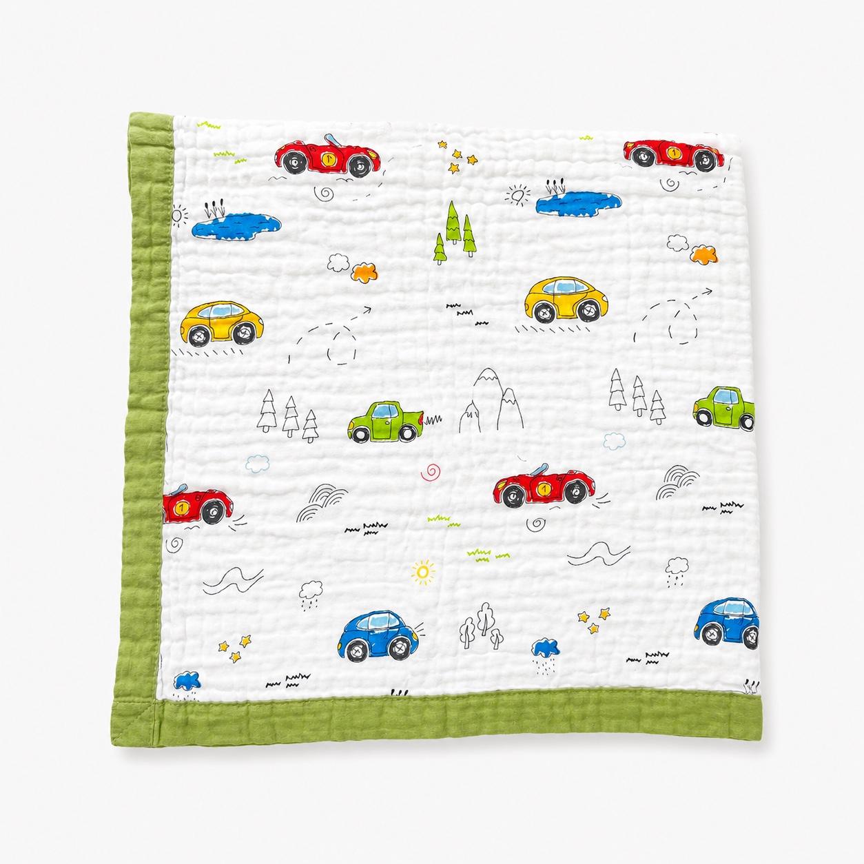 Green Cars - 6 Layer Crinkle Muslin Baby Blanket - 110*110cm