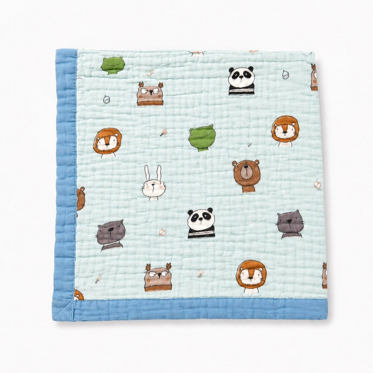 A square quilted baby blanket with a light blue center, a medium blue border, and a playful cartoon animal print including pandas, lions, bears, a rabbit, and a cat on a white background.