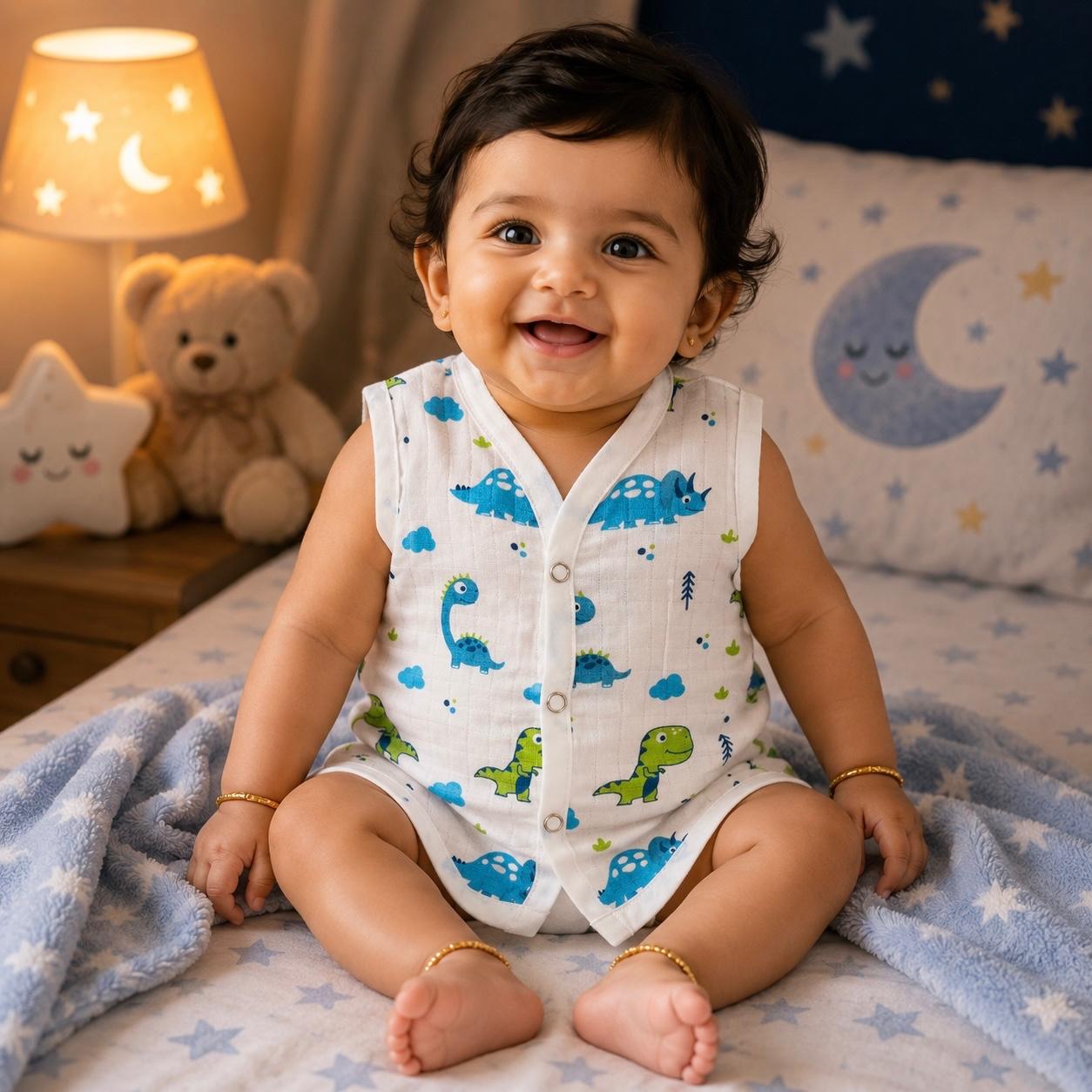 Muslin Snap Button Jabla- Blue Dino