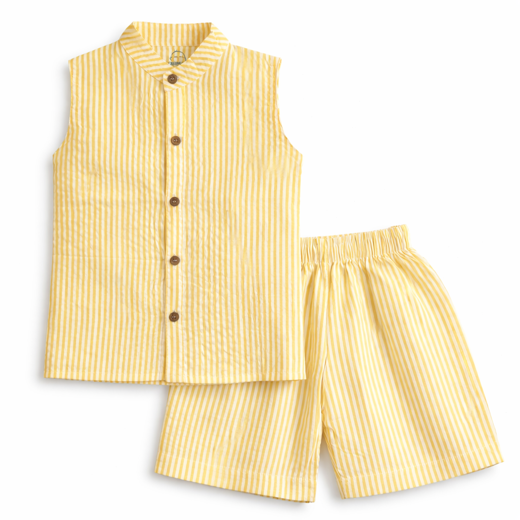 Sleeveless Co-ord Set- New Yellow Stripe-Seersucker cotton