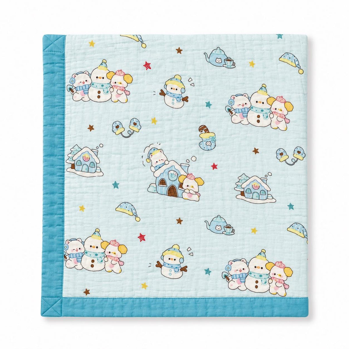 A square quilted blanket featuring a light blue winter-themed pattern with Sanrio characters like Snowman, Elmo, and Baby Shark, finished with a solid turquoise blue border.