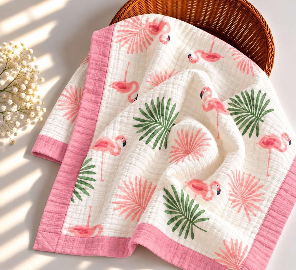 Flamingo bird - 6 Layer Crinkle Muslin Baby Blanket - 110*110cm