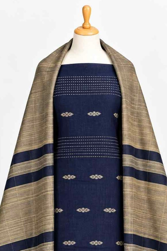 Navy Blue Raw Silk 3-Piece Kurthi Set