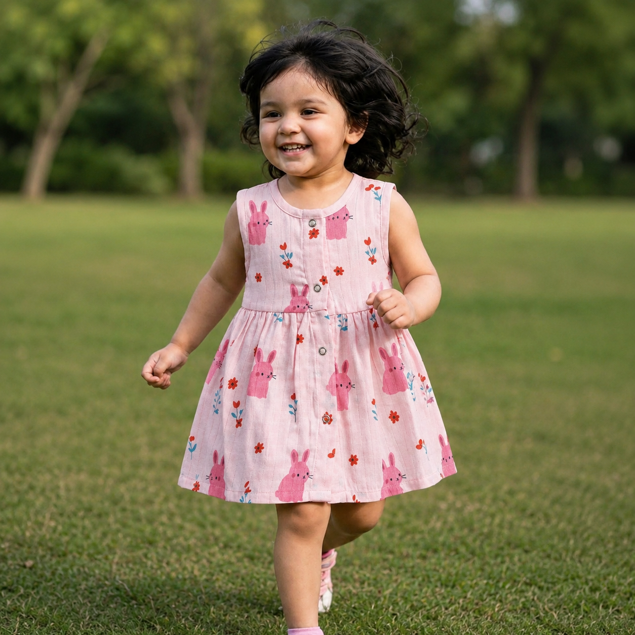 Muslin Snap Button Frock - Pink Rabbit
